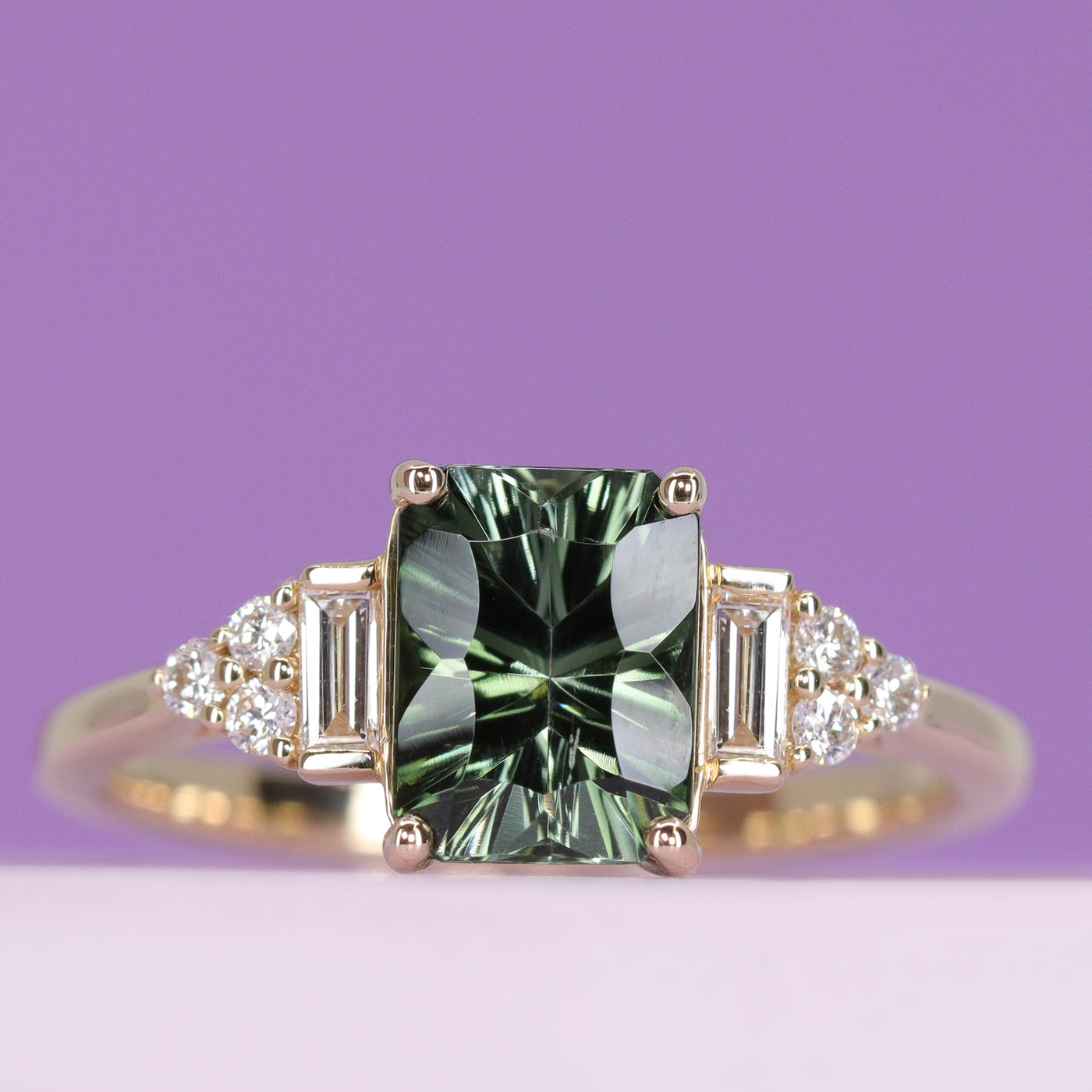 Arden - Optix Octagon Cut Green Teal Tourmaline Art Deco Engagement Ring with Lab Grown Diamond Side Stones - Custom Made-to-Order Design