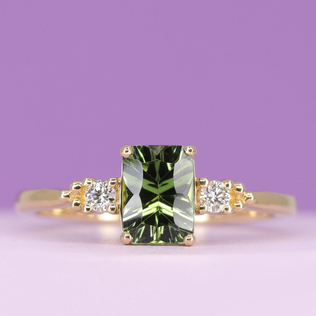 Natalia - Octagon Cut Optix Green Tourmaline and Lab Grown Diamond Delicate Trilogy Engagement Ring in Yellow Gold - Ready-to-Wear