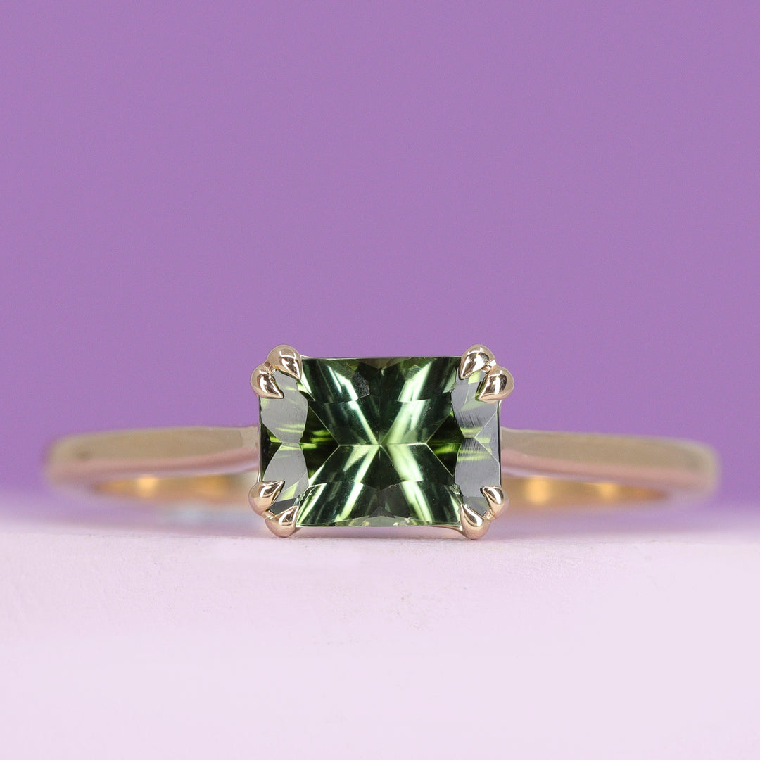 Reese -  Optix Cut Green Tourmaline Solitaire Ring With Double Talon Claws In 14ct Yellow Gold - Ready-to-Wear