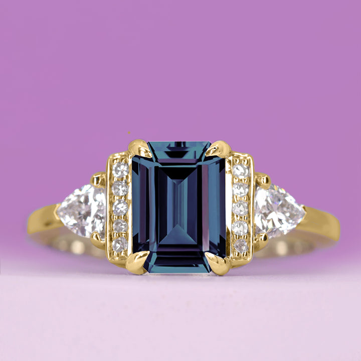 Ophelia - Emerald Cut Lab-Grown Alexandrite and Diamond Art Deco Style Engagement Ring - Made-to-Order