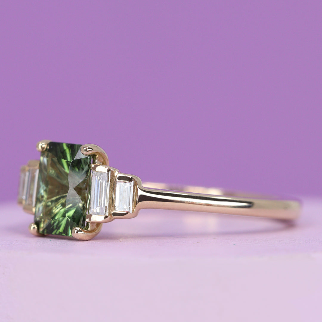 Erin - Optix Octagon Cut Green Tourmaline and Baguette Cut Diamond Art Deco Vintage Inspired Engagement Ring in 14ct Yellow Gold - Ready-to-Wear