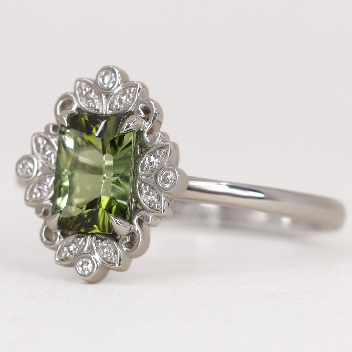 Annette - Emerald Cut Green Tourmaline Halo Engagement Ring - Ready-To-Wear