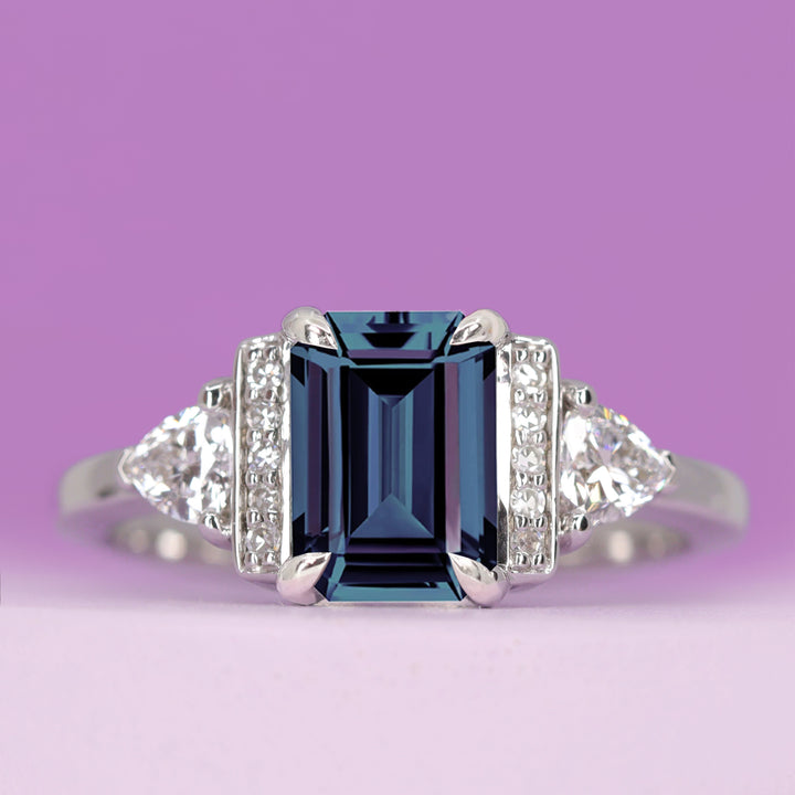 Ophelia - Emerald Cut Lab-Grown Alexandrite and Diamond Art Deco Style Engagement Ring - Made-to-Order