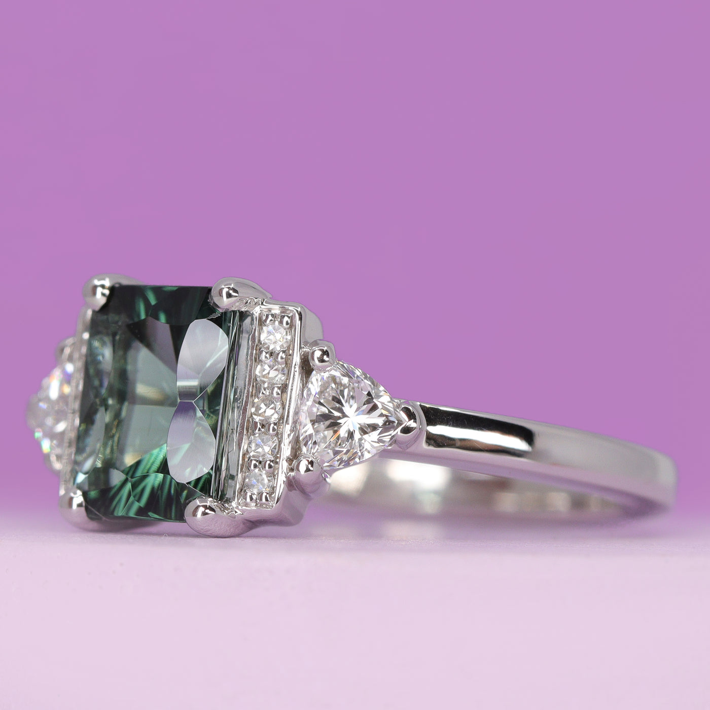 Ophelia -  Optix Emerald Cut Green Tourmaline Art Deco Engagement Ring in 14ct White Gold - Ready-to-Wear
