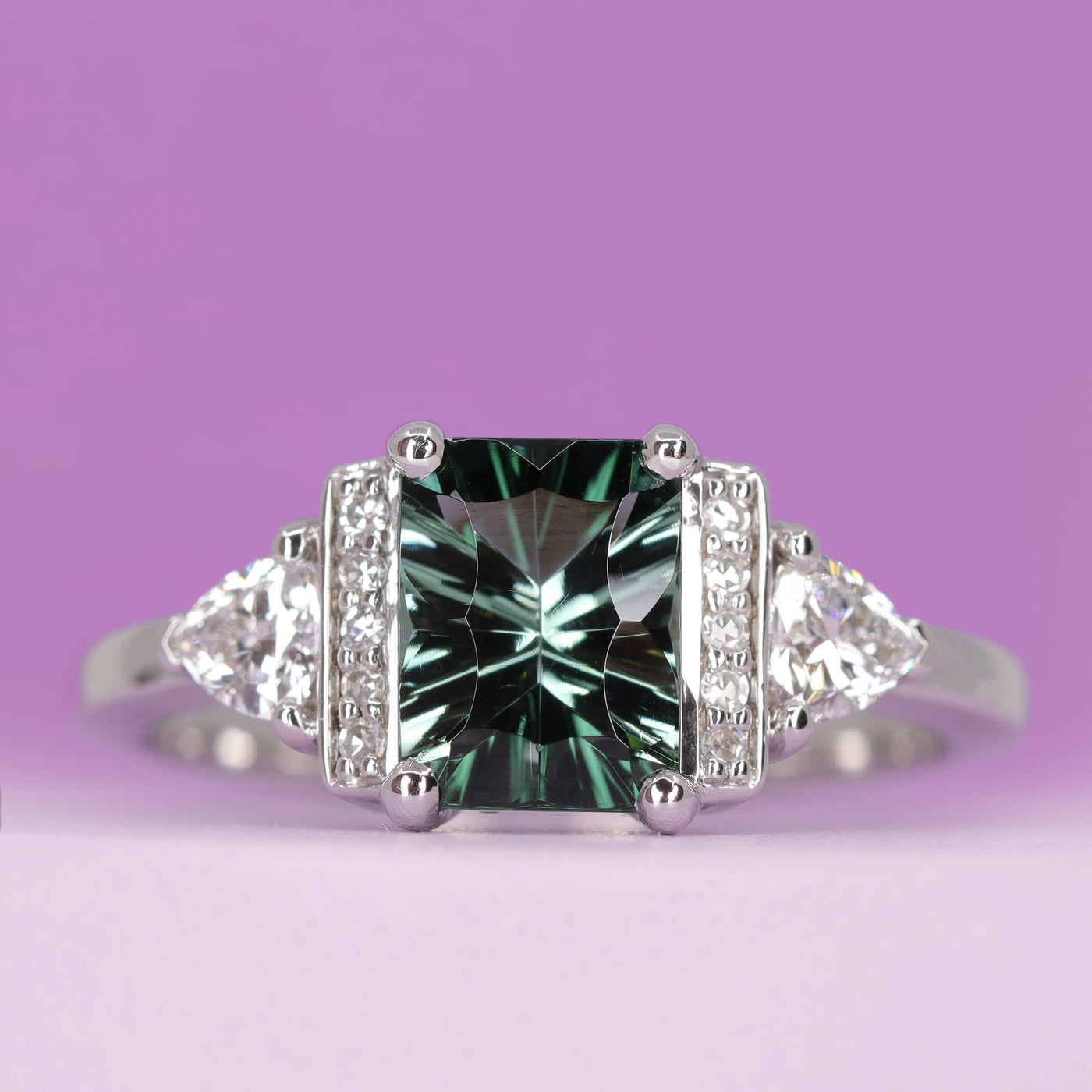 Ophelia -  Optix Emerald Cut Green Tourmaline Art Deco Engagement Ring in 14ct White Gold - Ready-to-Wear