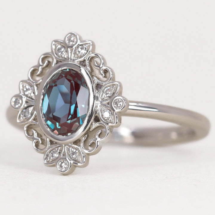 Art Deco oval cut alexandrite platinum engagement ring