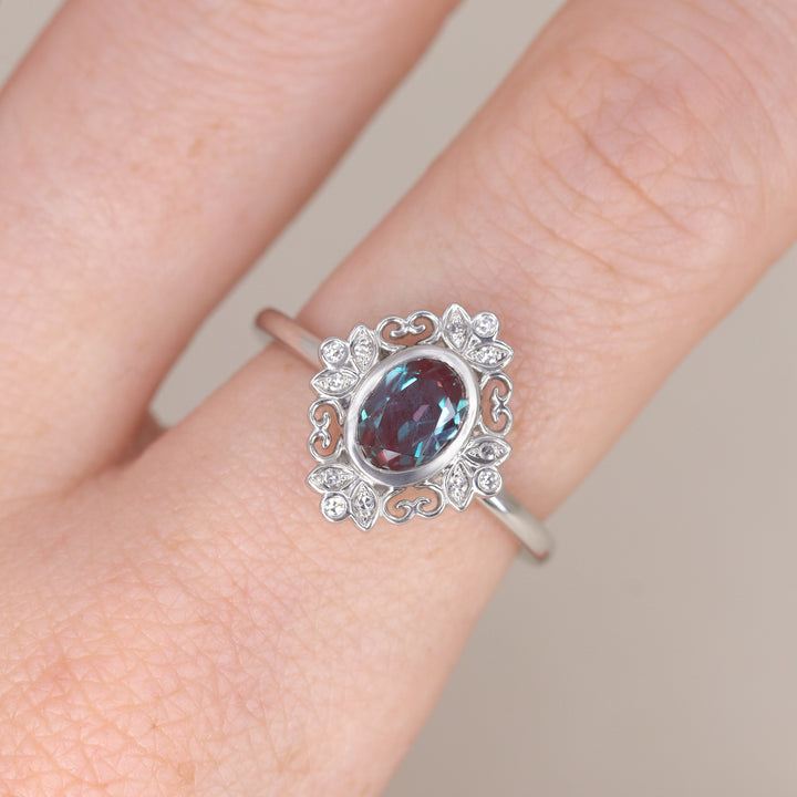 Art Deco oval cut alexandrite platinum engagement ring