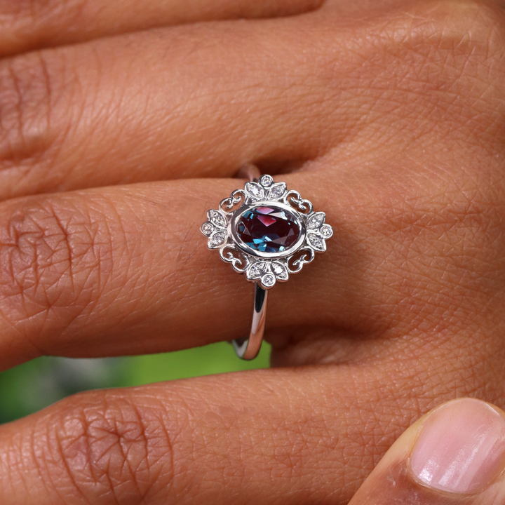 Annette - Oval Lab-Grown Alexandrite Halo Engagement Ring - Ready-To-Wear