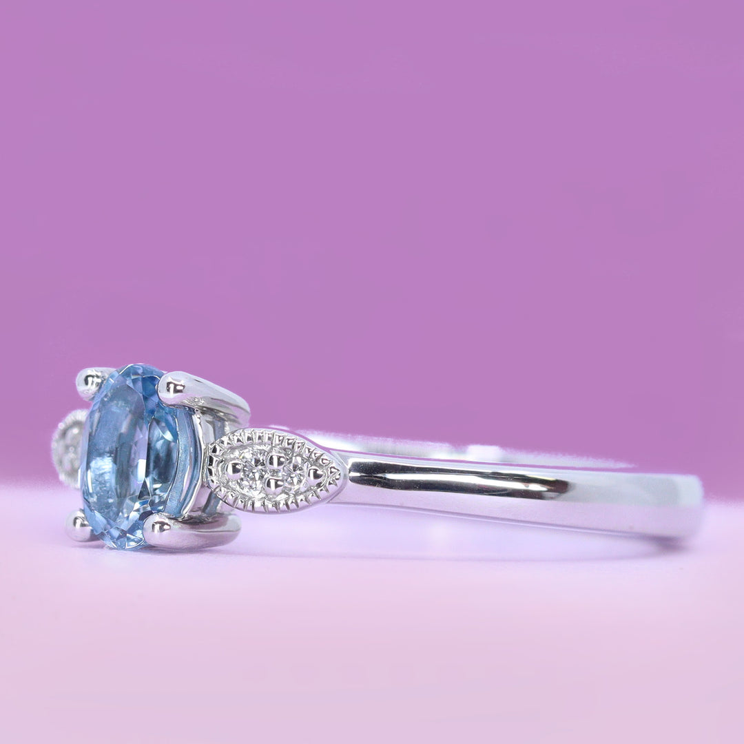 Rosa - Oval Cut Aquamarine Dainty Deco Trilogy Engagement Ring with Beaded Detail in Platinum - Ready-to-Wear
