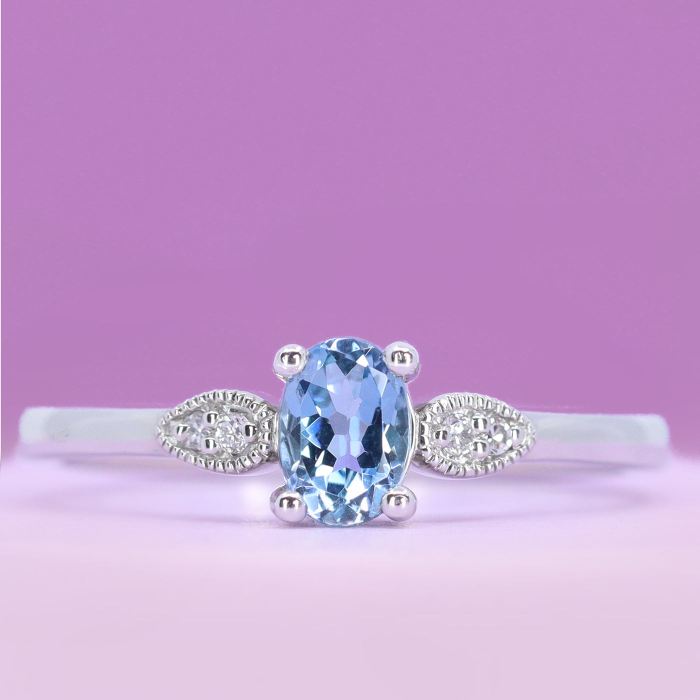 Rosa - Oval Cut Aquamarine Dainty Deco Trilogy Engagement Ring with Beaded Detail in Platinum - Ready-to-Wear