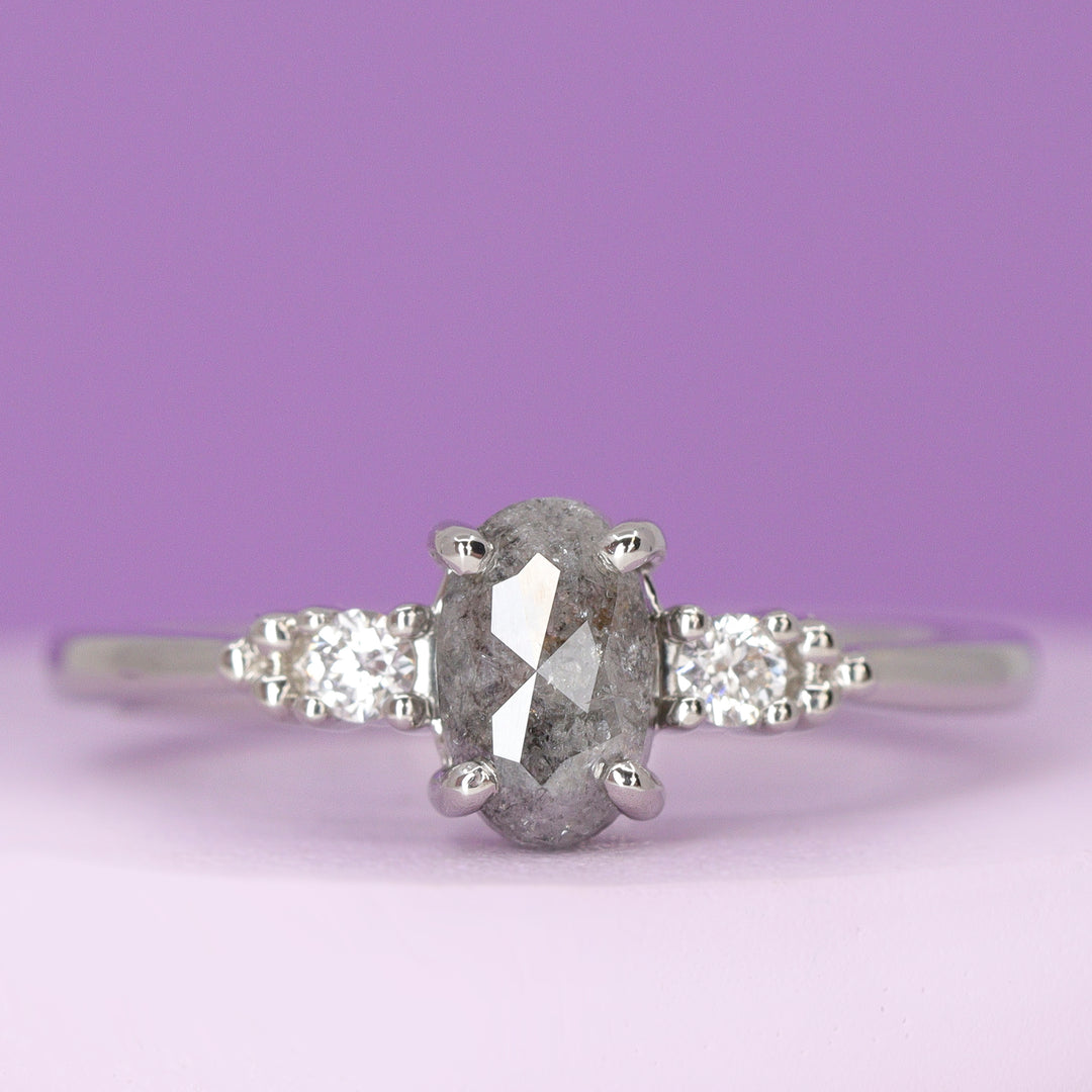 Natalia - Oval Cut Salt & Pepper Diamond and Lab Grown Diamond Delicate Trilogy Engagement Ring - Made-To-Order