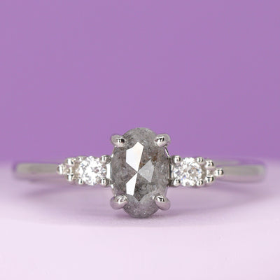 Natalia - Oval Cut Salt & Pepper Diamond and Lab Grown Diamond Delicate Trilogy Engagement Ring in Platinum - Made-To-Order