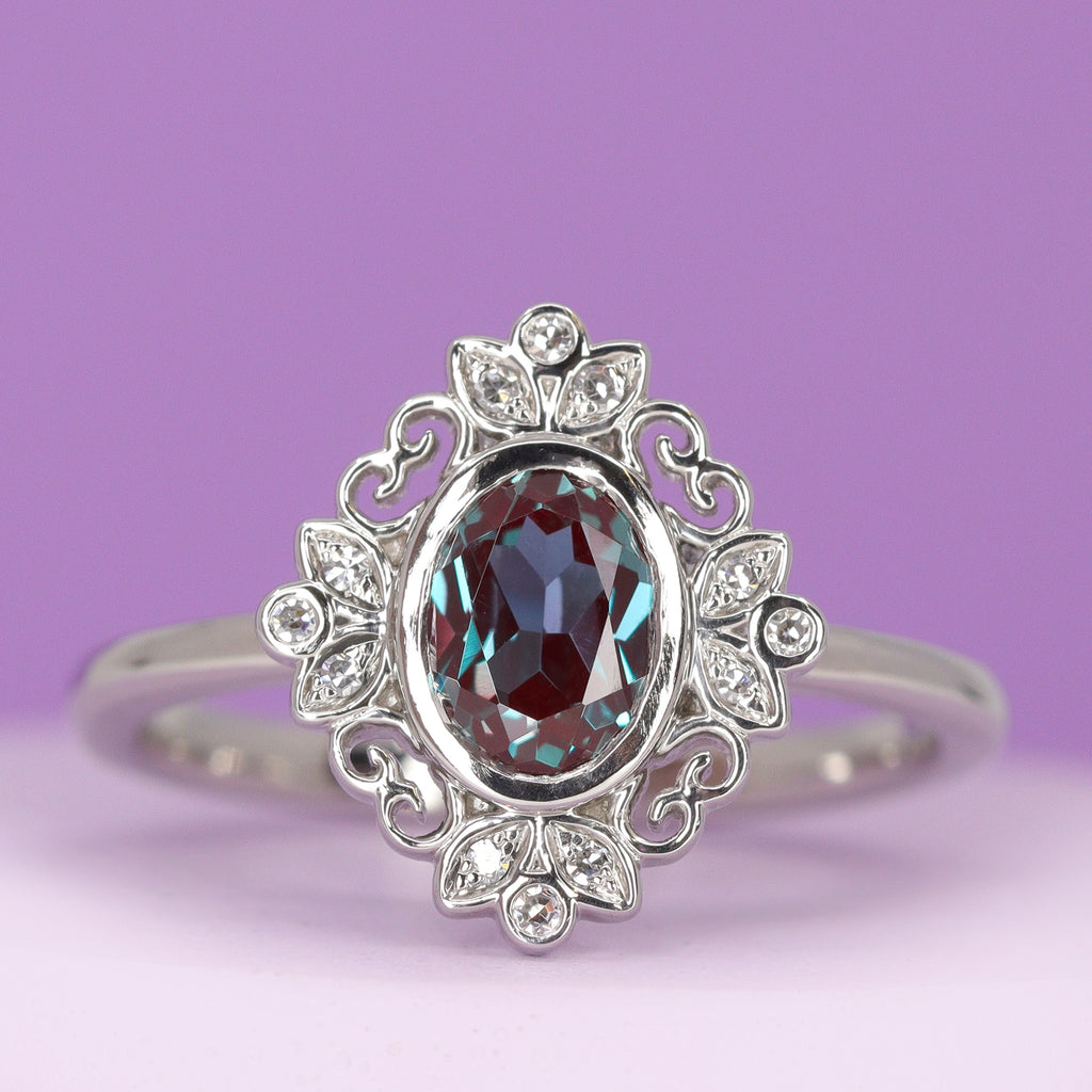 Annette - The Botanicals Collection - Oval Lab-Grown Alexandrite Bezel Rubover Set Art Nouveau Halo Engagement Ring In Platinum - Ready-To-Wear