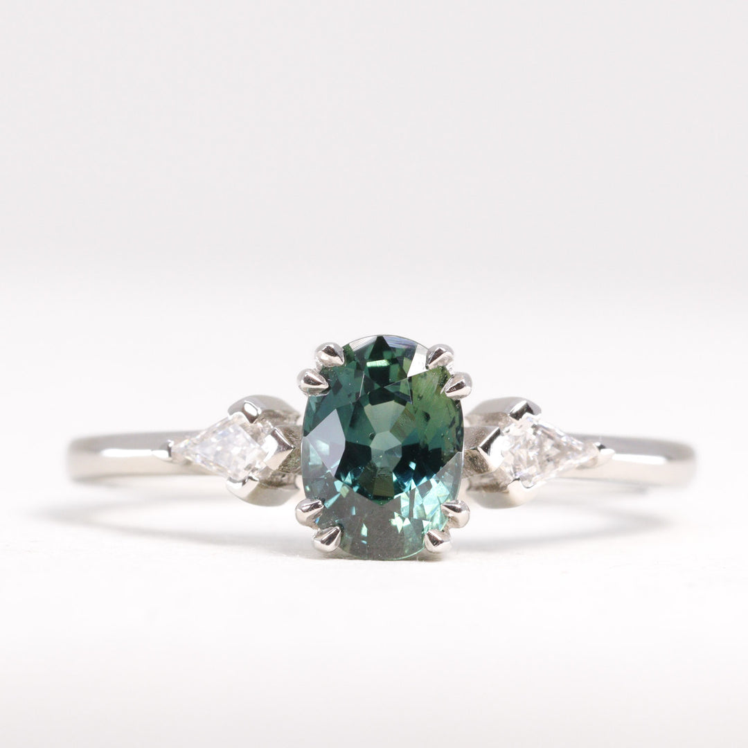 Green sapphire and lab grown diamond engagement ring