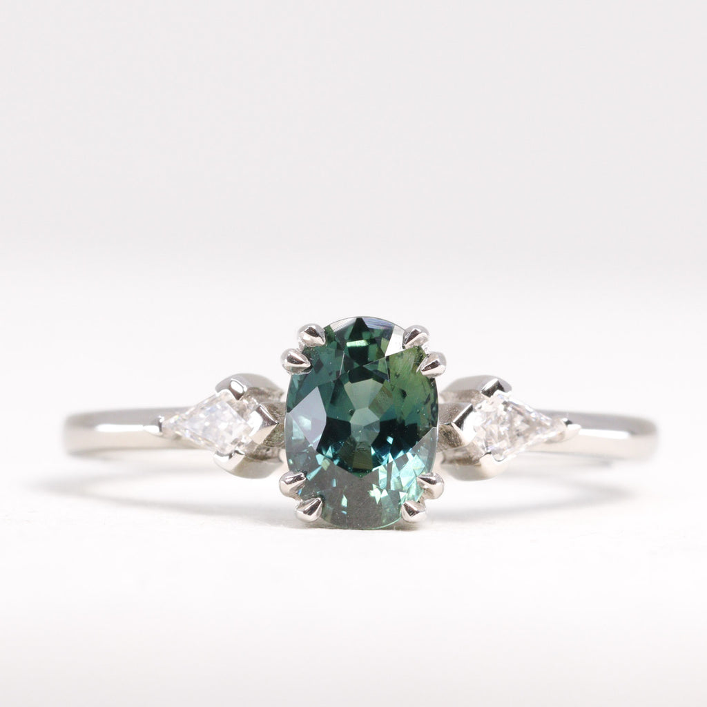 Dahlia - Oval Cut Teal Sapphire Trilogy Engagement Ring - Ready-to-Wear