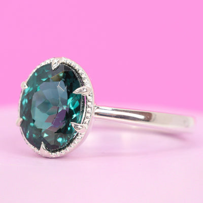 Georgia - Dopamine by Jessica Flinn - Oval Cut Teal Tourmaline Solitaire Engagement Ring with Beading - Custom Made-to-Order Design