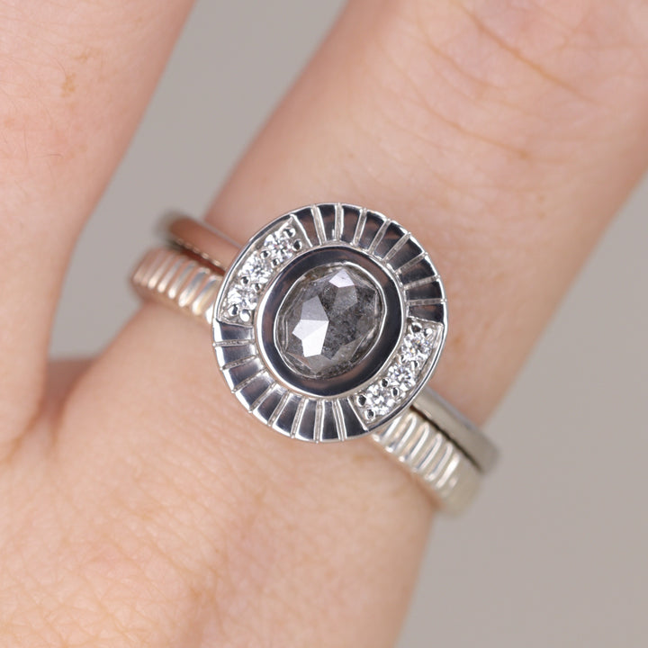 Art Deco vintage inspired salt and pepper diamond engagement ring