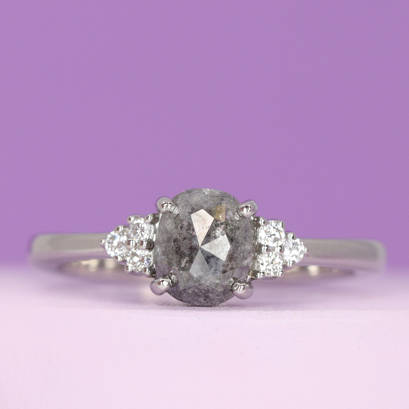 Henrietta - Oval Cut Salt and Pepper Diamond and Lab Grown Diamond Engagement Ring in Platinum - Ready-to-Wear
