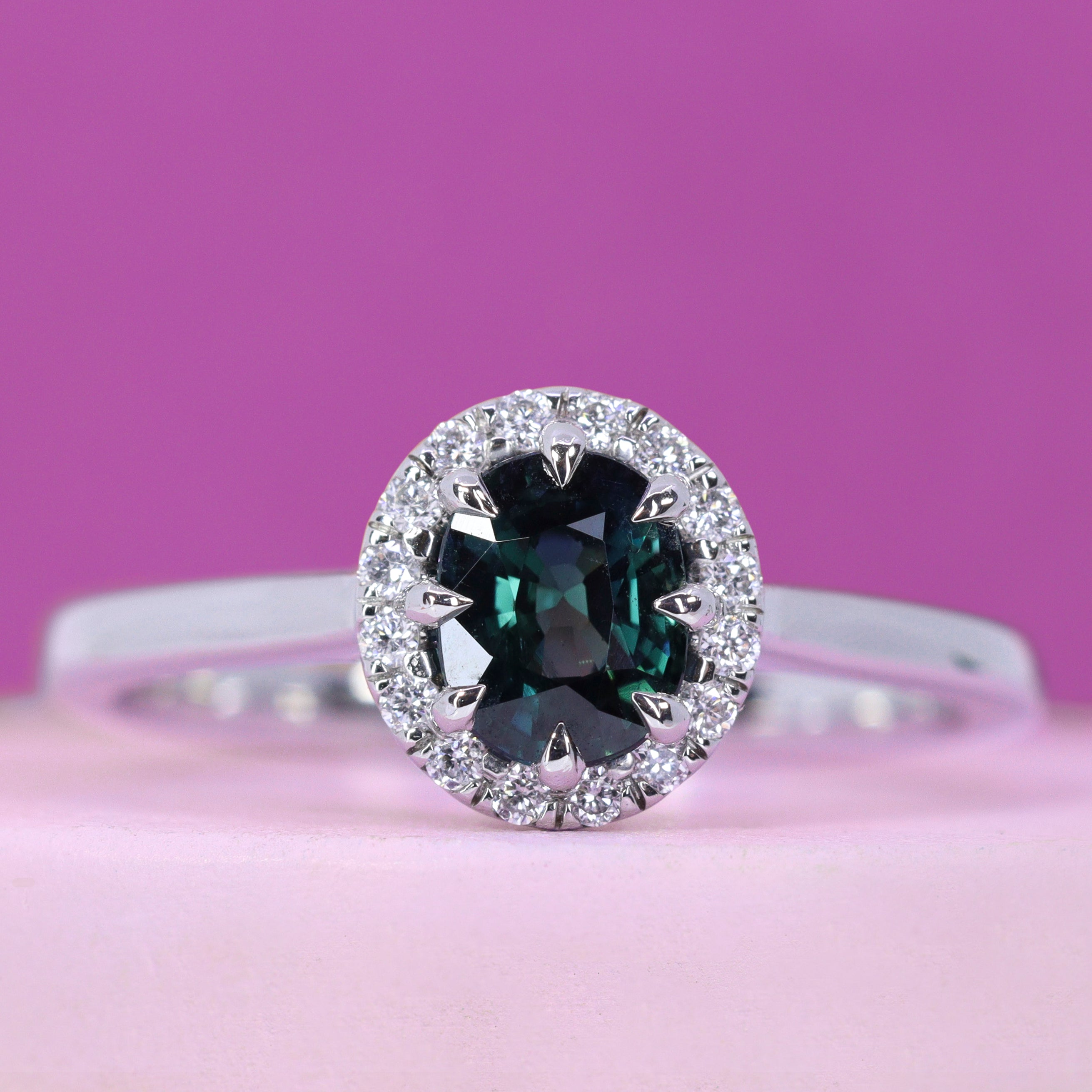 Charlotte - Oval Cut Teal Sapphire Ring with Hugging Halo - Made-to-Or ...