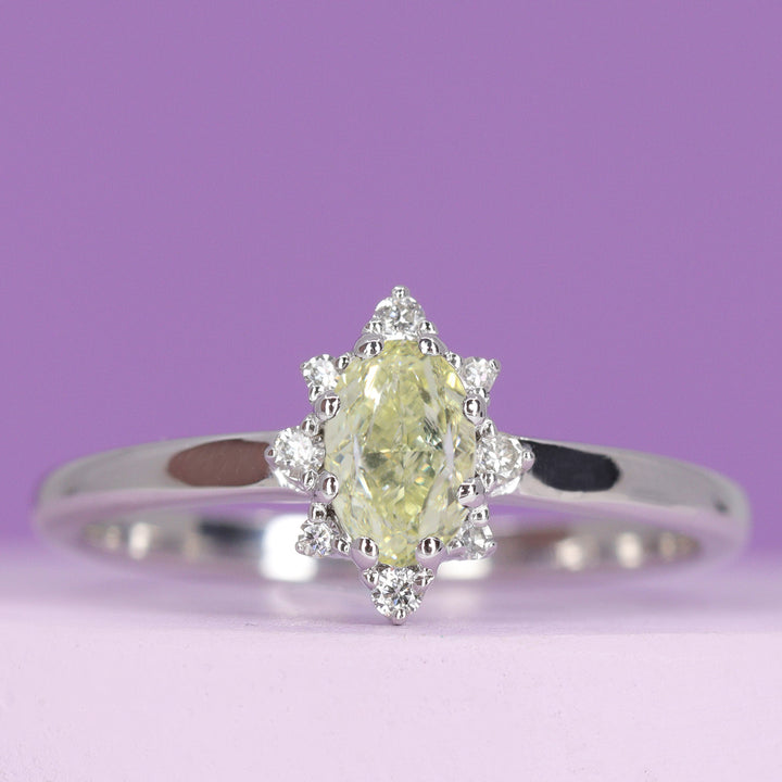 Mabel - Dainty Deco Collection - Oval Cut Yellow Diamond with White Diamond Halo Engagement Ring - Made-to-Order