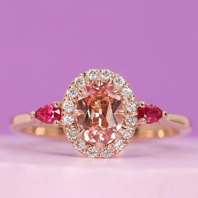 Georgina - Oval Shaped Pink Tourmaline or Sapphire, Pear Shaped Ruby and Round Brilliant Cut Lab Grown Diamond Halo Engagement Ring - Made-to-Order