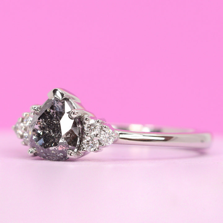 Henrietta - Pear Cut Teardrop Shape Salt and Pepper Diamond Engagement Ring - Made-To-Order