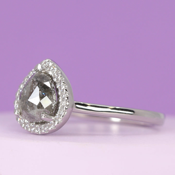 Winter - Teardrop/Pear Shaped Salt & Pepper Diamond Halo Ring in Platinum - Ready-to-Wear