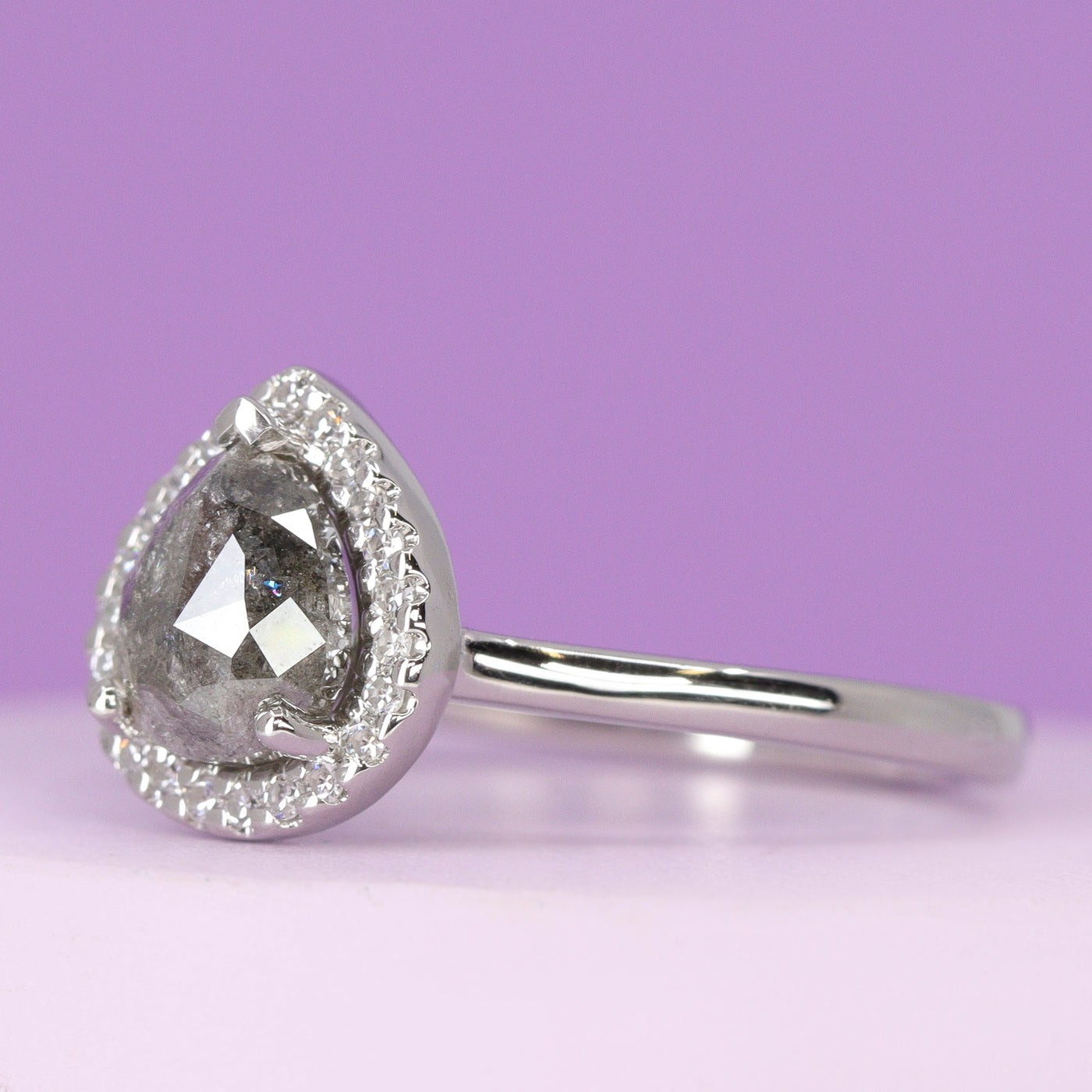 Winter - Teardrop/Pear Shaped Salt & Pepper Diamond Halo Ring in Platinum - Ready-to-Wear