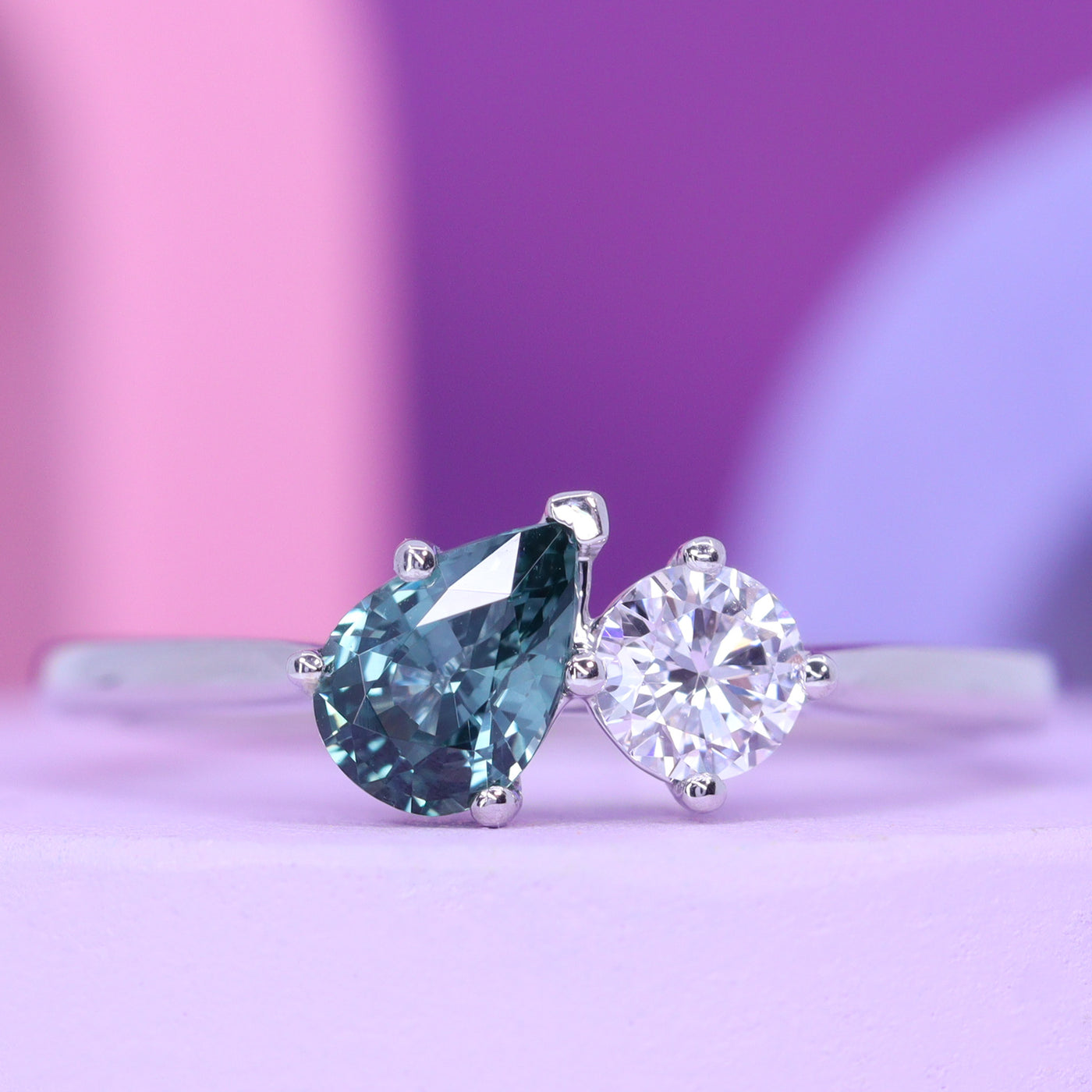 Juno - Dopamine by Jessica Flinn - Teardrop/Pear Cut Teal Sapphire and Round Brilliant Cut Lab Grown Diamond Toi et Moi Style Ring in Platinum - Ready-to-Wear