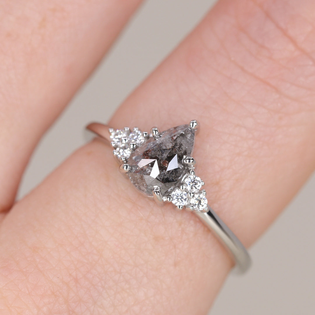 Henrietta - Pear Cut Teardrop Shape Salt and Pepper Diamond Cluster Engagement Ring