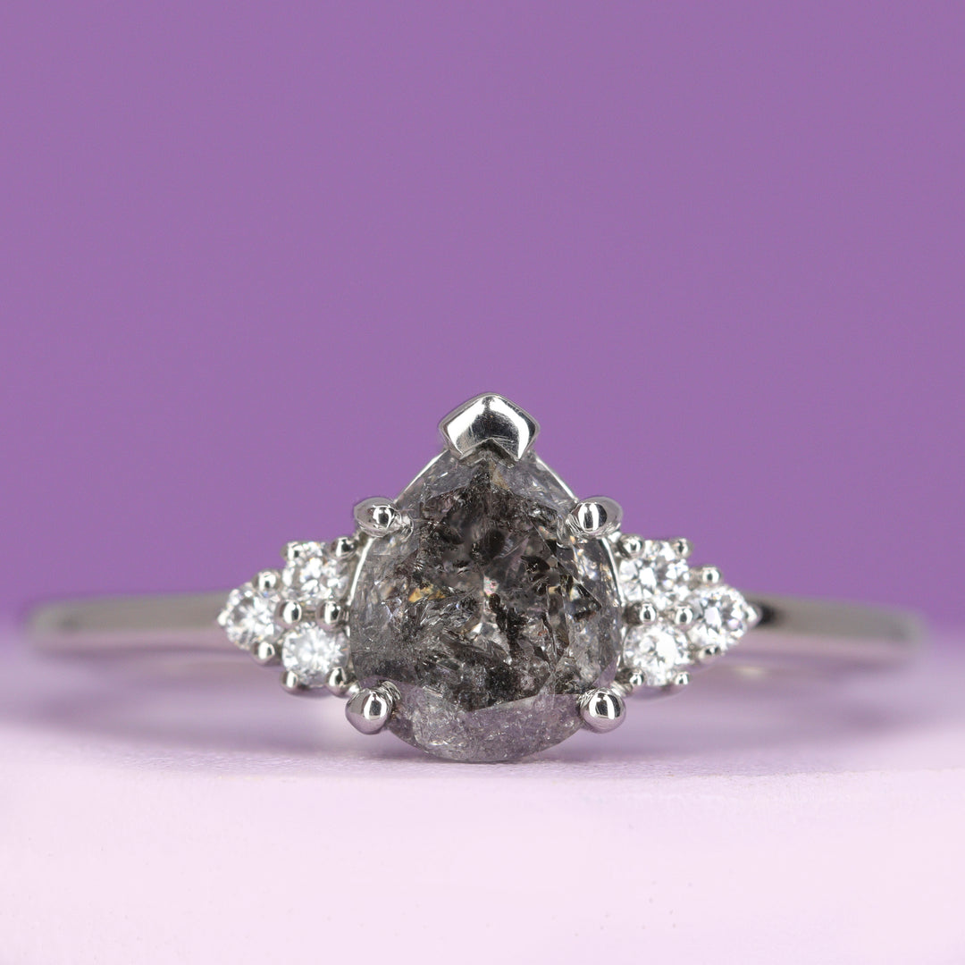 Henrietta - Pear Cut Teardrop Shape Salt and Pepper Diamond Engagement Ring In Platinum - Ready-to-Wear