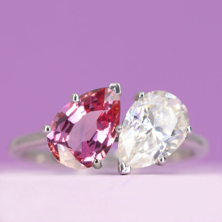 Juno - Barbie Collection - Teardrop/Pear Cut Pink Sapphire and Lab Grown Diamond Toi et Moi Style Ring - Custom Made-to-Order Design