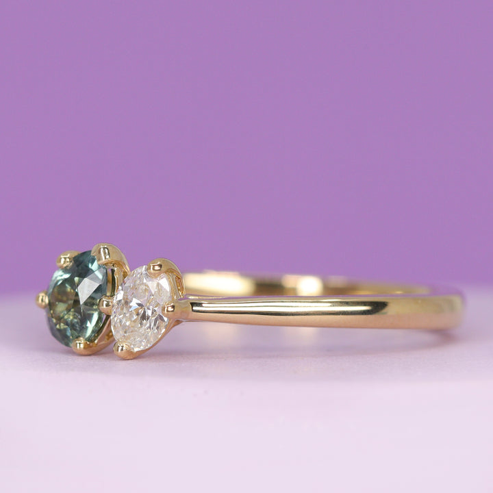 Juno - Dopamine by Jessica Flinn - Teardrop/Pear Cut Teal Sapphire and Oval Cut Diamond Toi et Moi Style Ring - Made-to-Order
