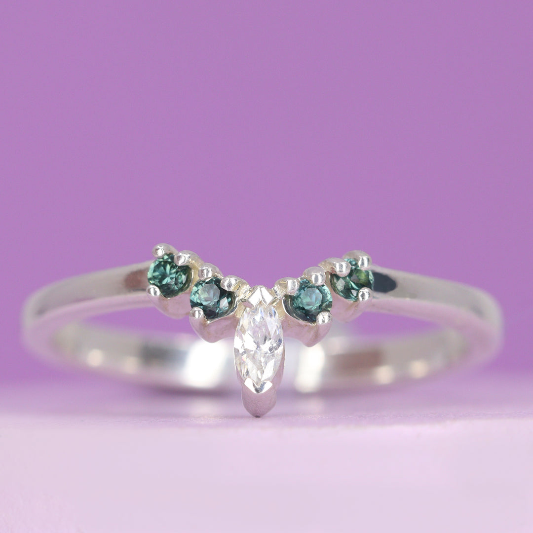 Winnie - Petite Tiara Style Teal Four Sapphire and Marquise Diamond Ring - Made-To-Order