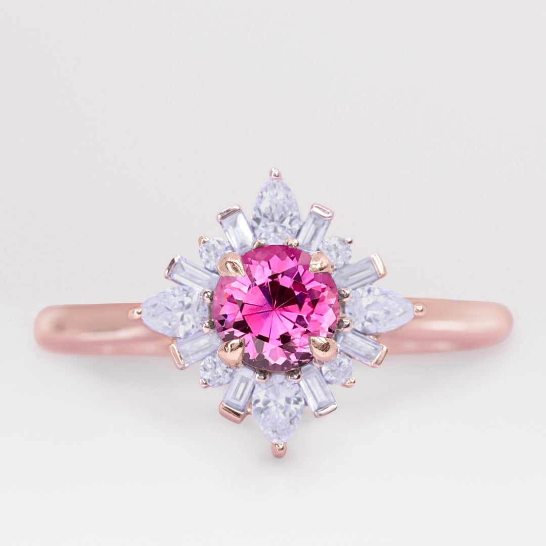 Elsa - Round Pink Sapphire and Diamond Halo Engagement Ring