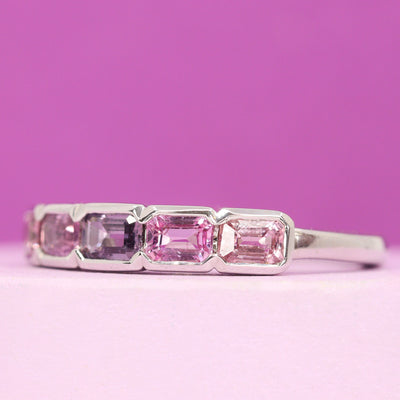 Primrose - Emerald Cut Pink Sapphire 5 Stone Half Rubover Eternity Style Ring in 9ct White Gold - Ready-to-Wear