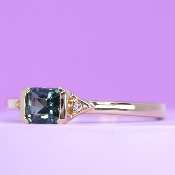 Hattie - Radiant Cut Colour Change Teal Blue Sapphire and Lab Grown Diamond Art Deco Vintage Inspired Engagement Ring - Custom Made-To-Order Design