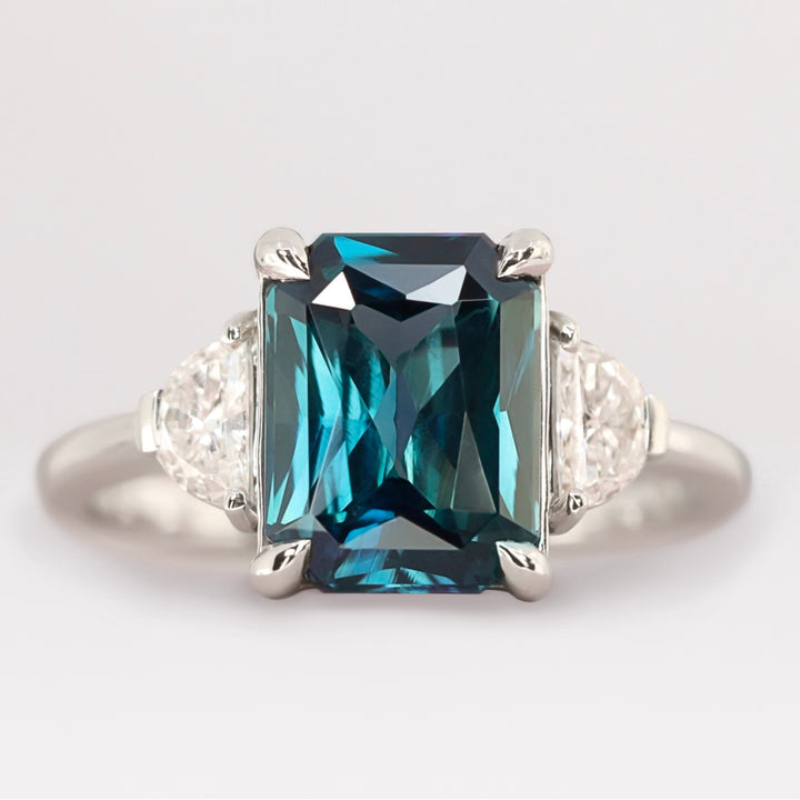 Luna - Radiant Cut Teal Sapphire and Diamond Trilogy Engagement Ring