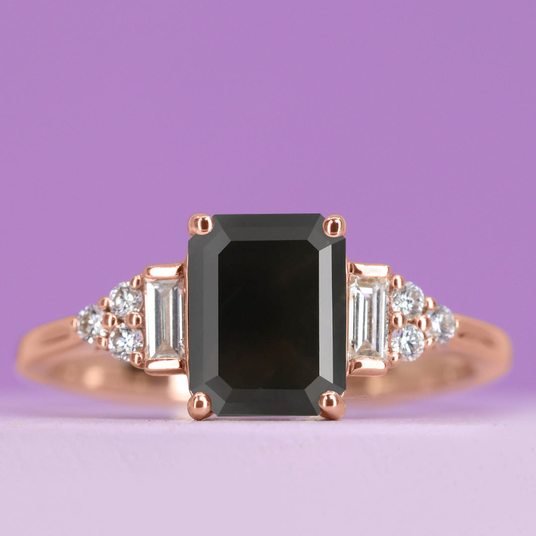 Arden - Emerald Cut Black Diamond Baguette and Round Diamond Art Deco Style Engagement Ring - Made-to-Order