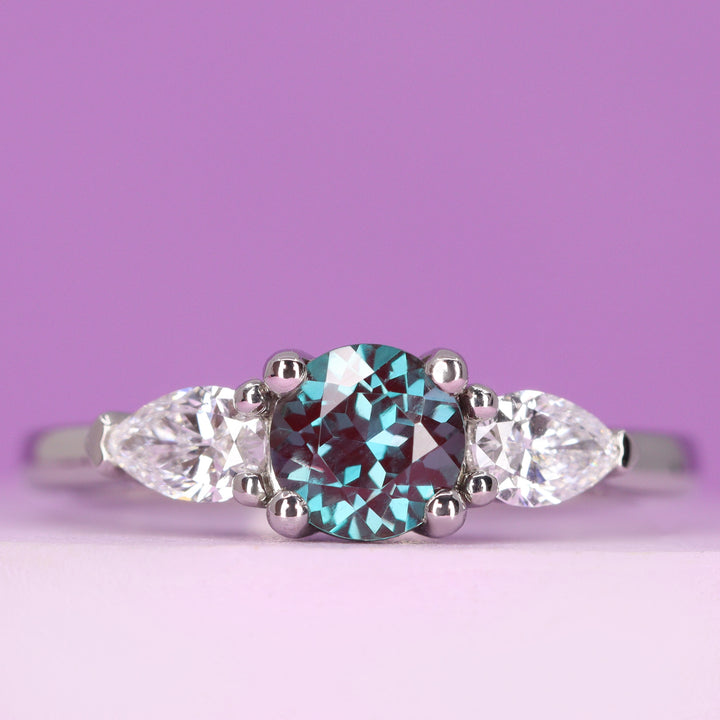 Daphne - Lab Grown Alexandrite and Lab Grown Diamond Trilogy Engagement Ring Pear Side Stones in Platinum - Ready-to-Wear