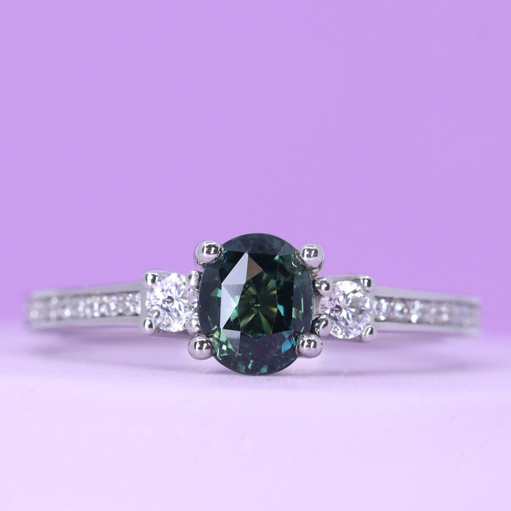 Callie - Oval Cut Teal Sapphire and Round Brilliant Cut Lab Grown Diamond Trilogy Engagement Ring - Ready-to-Wear