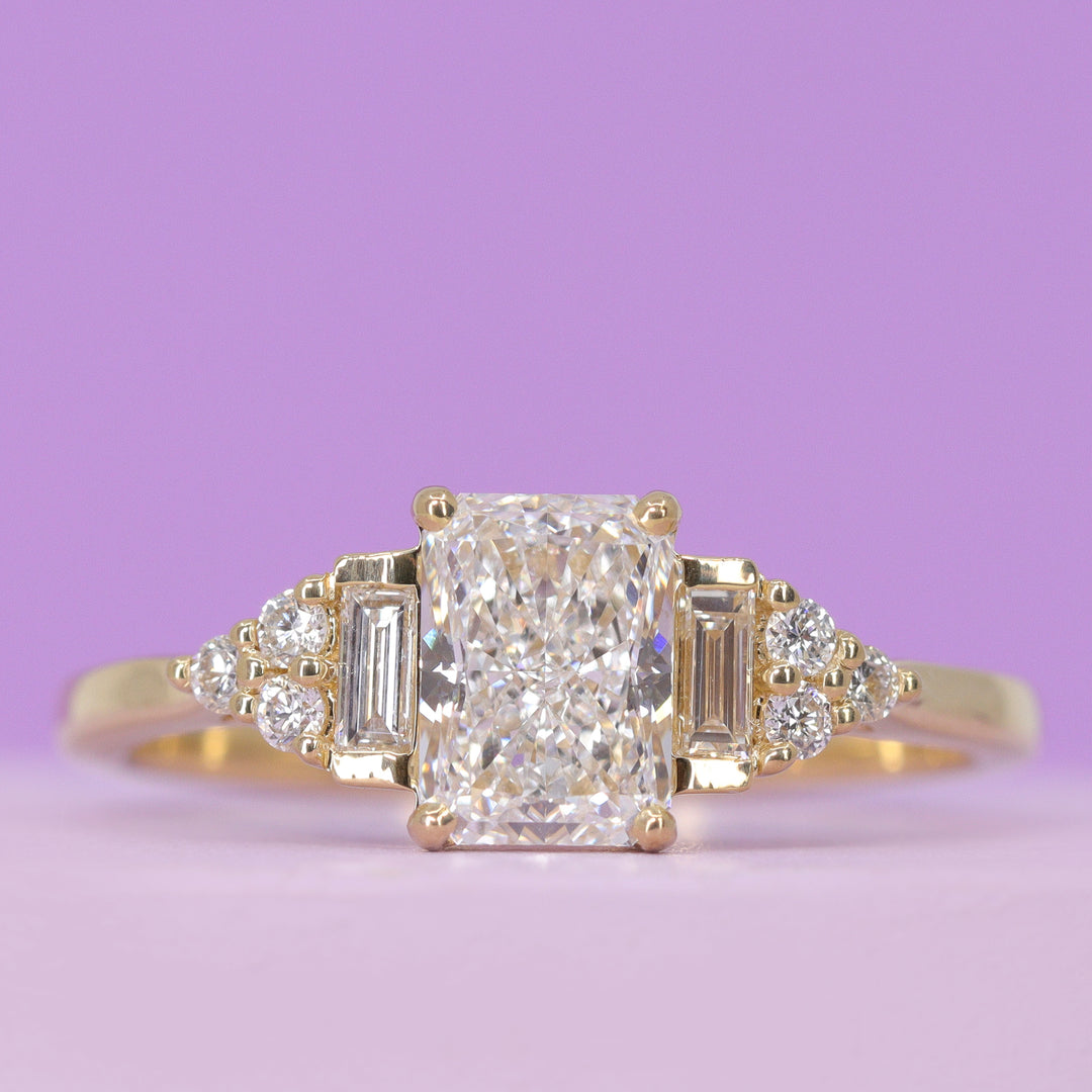 Arden - Radiant Cut Lab Grown Diamond Art Deco Engagement Ring with Lab Grown Diamond Side Stones - Made-to-Order