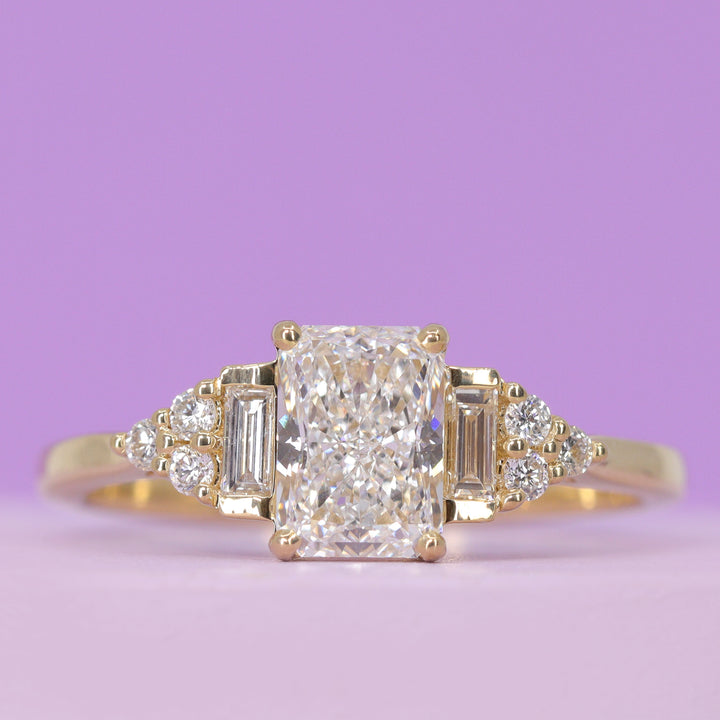 Arden - Radiant Cut Lab Grown Diamond Art Deco Engagement Ring with Lab Grown Diamond Side Stones - Made-to-Order