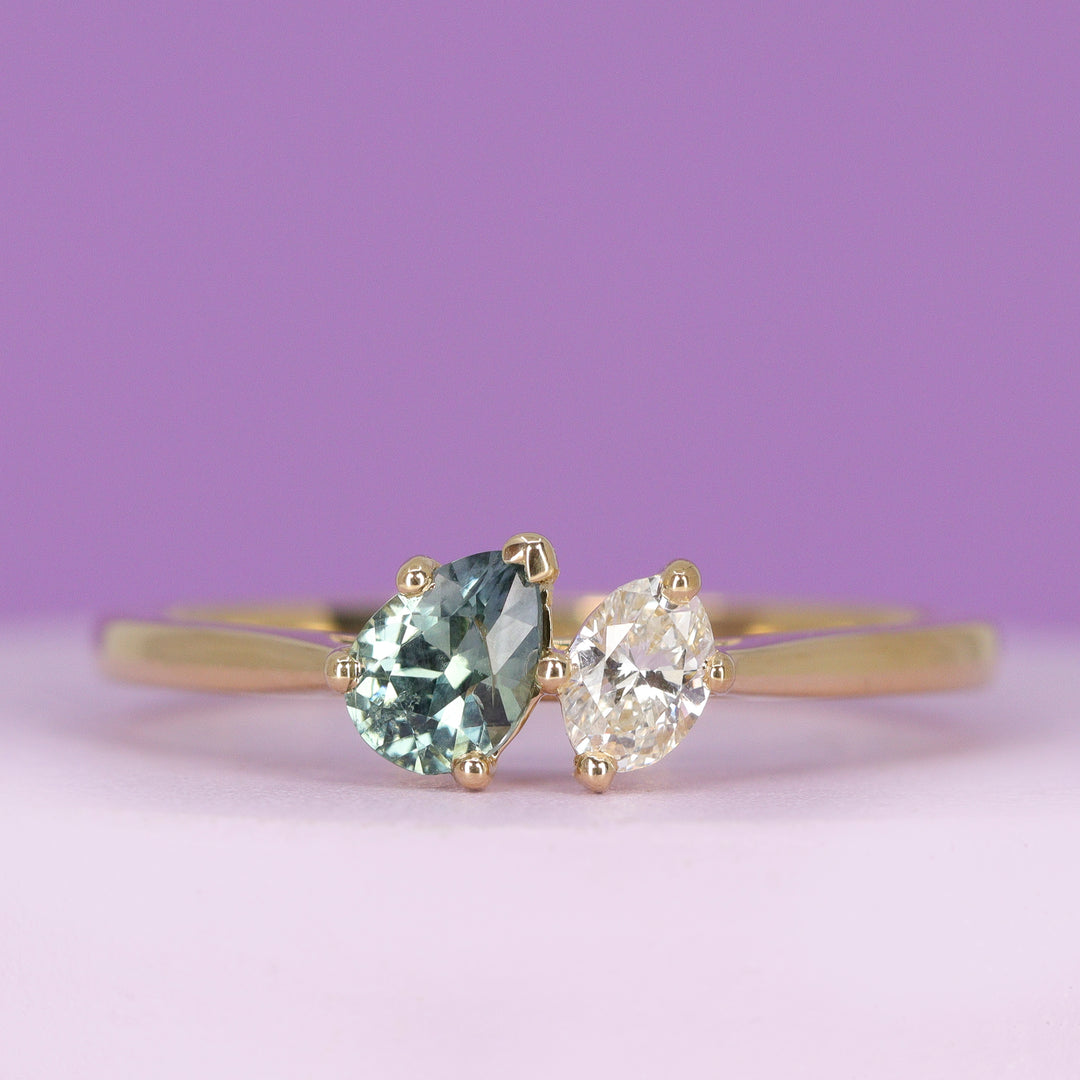 Juno - Dopamine by Jessica Flinn - Teardrop/Pear Cut Teal Sapphire and Oval Cut Diamond Toi et Moi Style Ring - Made-to-Order