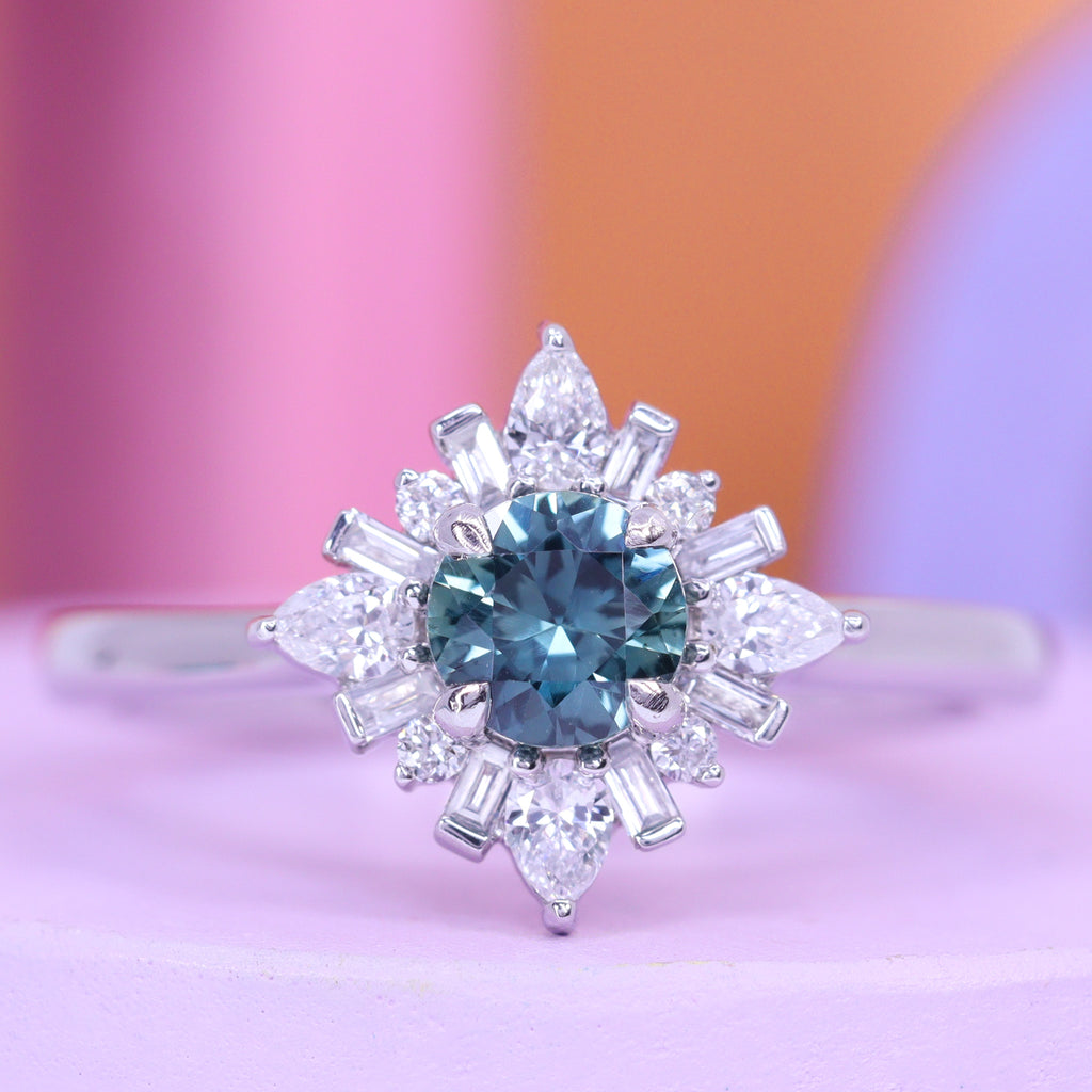 Elsa - Dopamine by Jessica Flinn - Round Teal Sapphire and Diamond Halo Engagement Ring in Platinum - Ready-to-Wear
