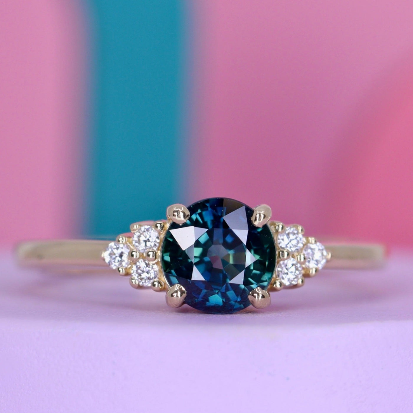 Henrietta - Round Teal Sapphire Engagement Ring with Lab Grown Side Stones in 18ct Yellow Gold - Ready-to-Wear