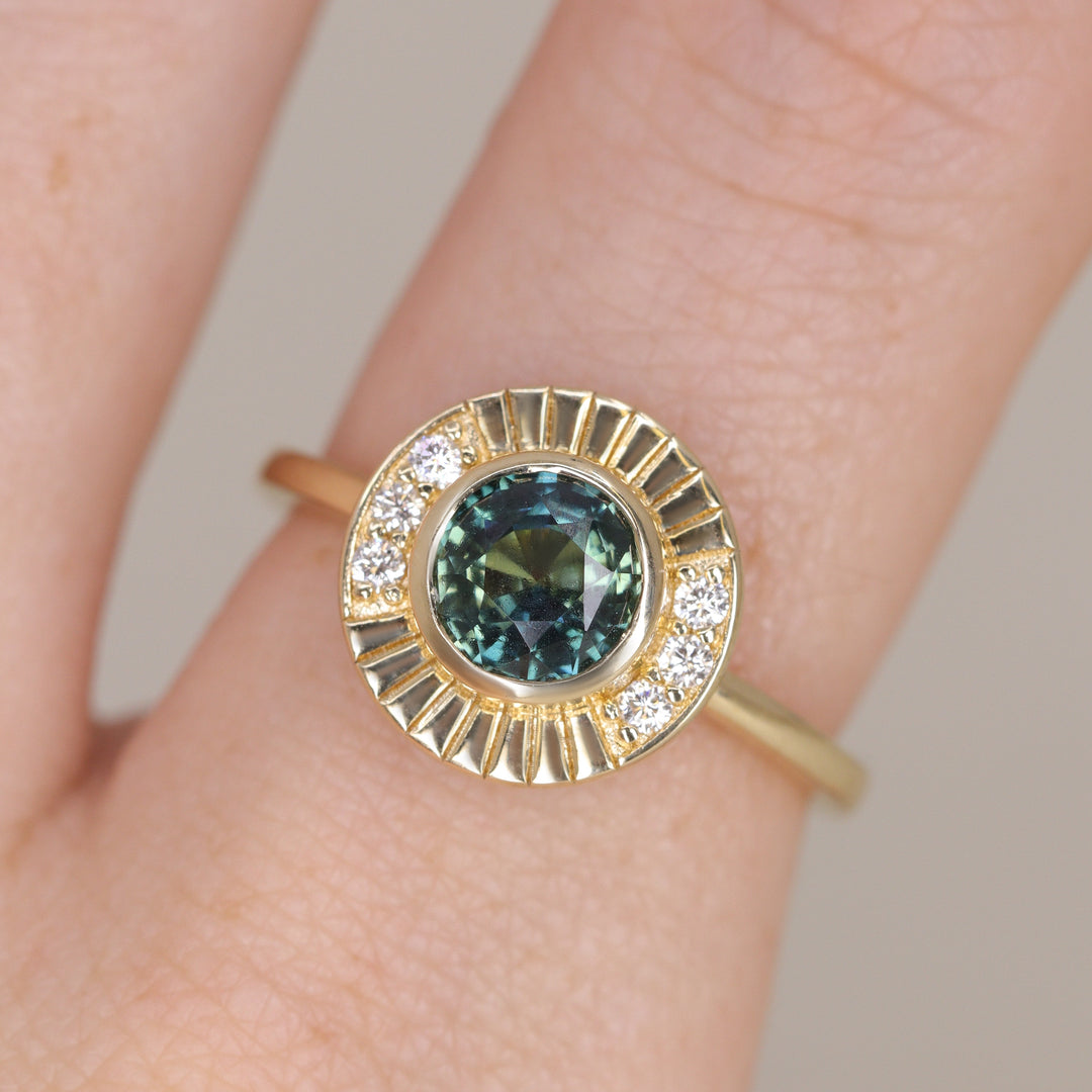 Addison - Teal Sapphire Art Deco Halo Engagement Ring - Ready-to-Wear