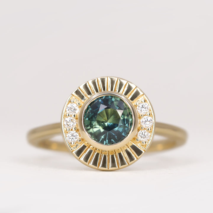 Addison - Teal Sapphire Art Deco Halo Engagement Ring - Ready-to-Wear