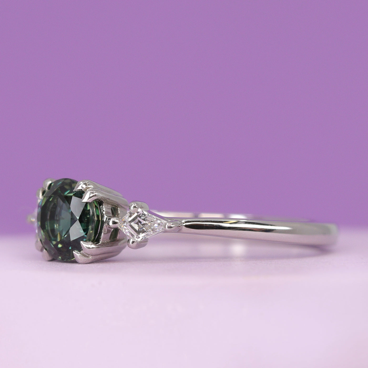 Dahlia - Round Mixed Cut Teal Sapphire and Kite Cut Lab Grown Diamonds Trilogy Engagement Ring in Platinum - Ready-to-Wear