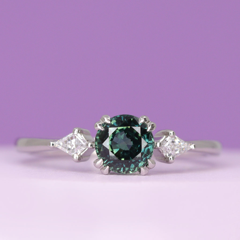 Dahlia - Round Cut Teal Sapphire and Kite Cut Lab Grown Diamonds Trilogy Engagement Ring